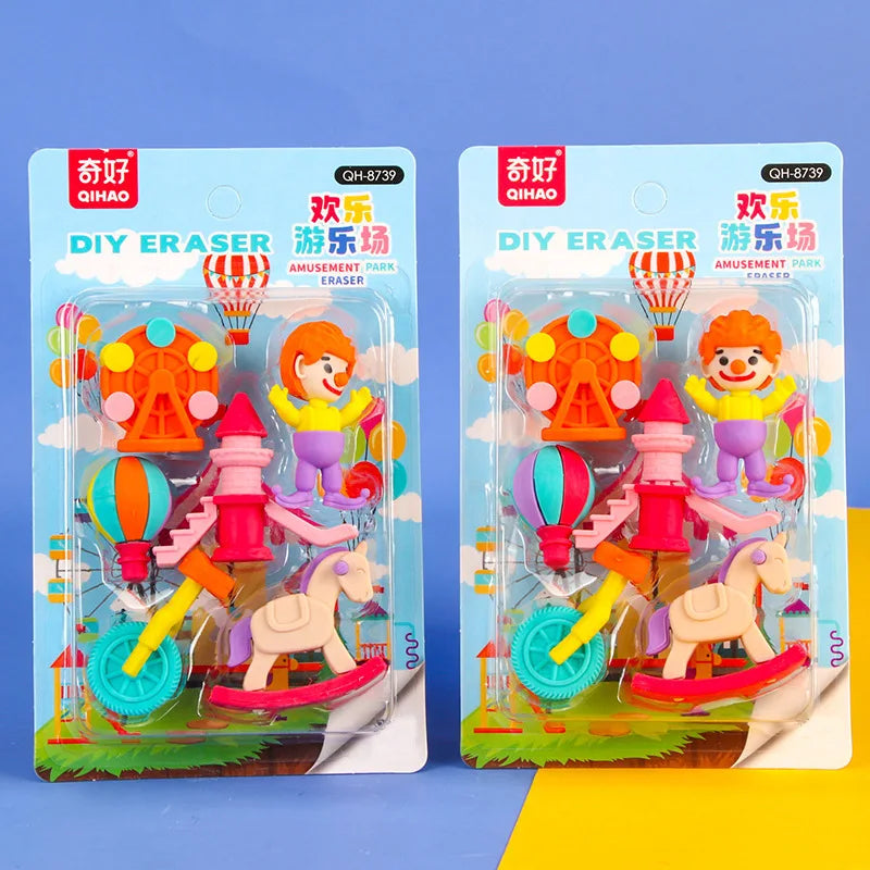 School Kawaii Cute Cartoon 3D Shape Funny Clown DIY Pencil Erasers Set for Children