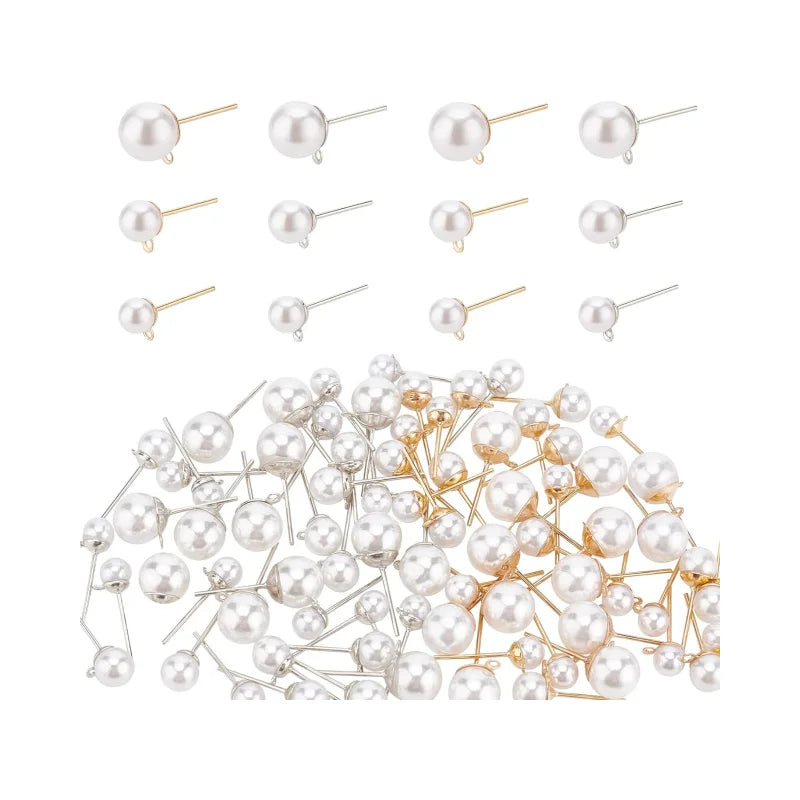 Hot Sale 84Pcs 3 Sizes Earring Posts with Acrylic Imitation Pearl Beads Ball Stud Earrings for DIY Earring Jewelry Making