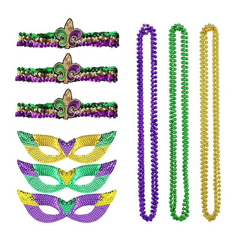 Mardi Gras Glitter Cap Beaded Chain Bright One-sided Set Socks New Orleans Dress up Mardi Gras Costume Accessory Set