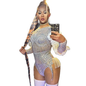 Pearl Rhinestones Flowers Club Bodysuit Women Sexy Party Leotard Dancer Playsuits Stage Costume Performance Wear