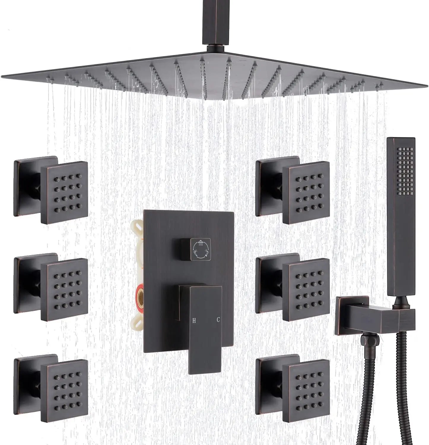 3 Functions Ceiling Mount Shower System with Body Jets and Hand Spray Bathroom Shower Combo Set