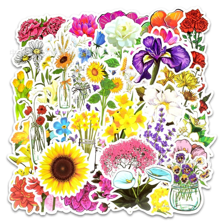 50Pcs Cartoon Flowers Fresh Girl Graffiti Stickers for Car Laptop Refrigerator Flowers Blooming Element Sticker