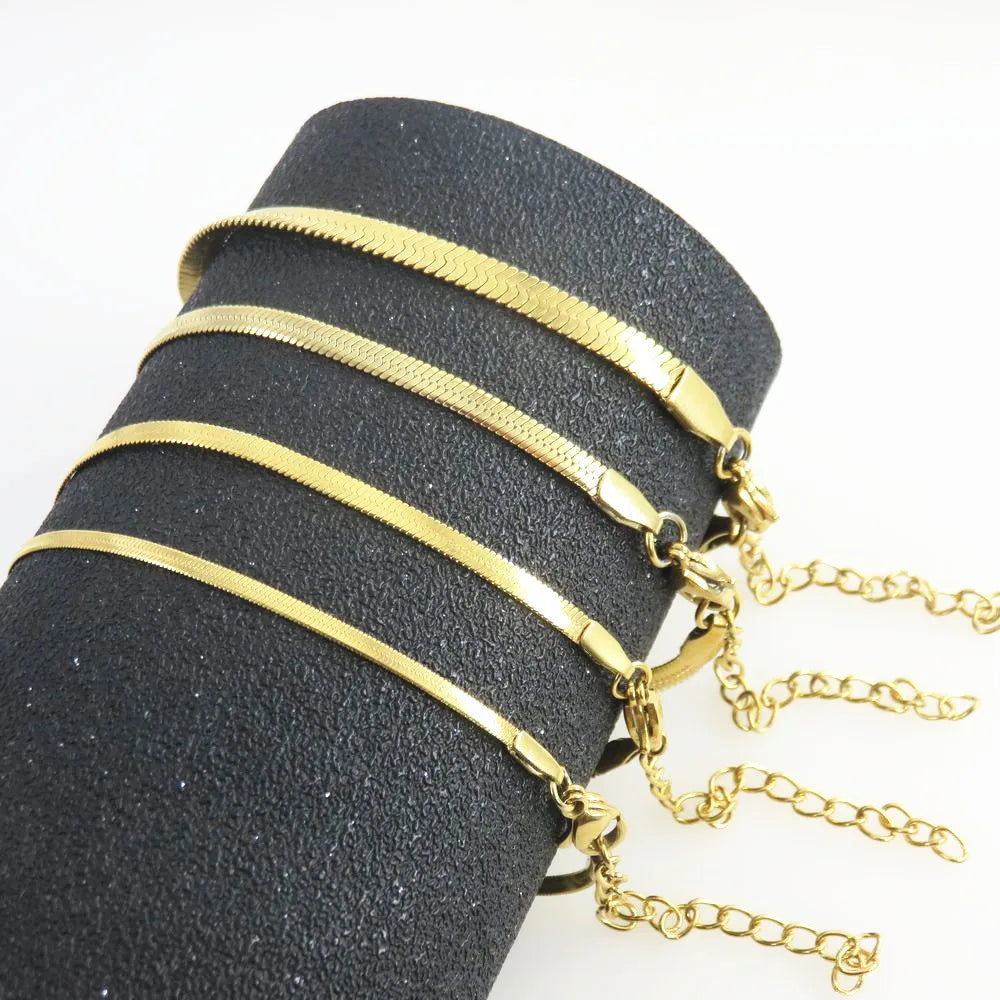 Fashion Trendy Chic Stainless Steel Real Gold Plated Flat Snake Chain Bracelet Jewelry Women 2 2.5 3 4mm
