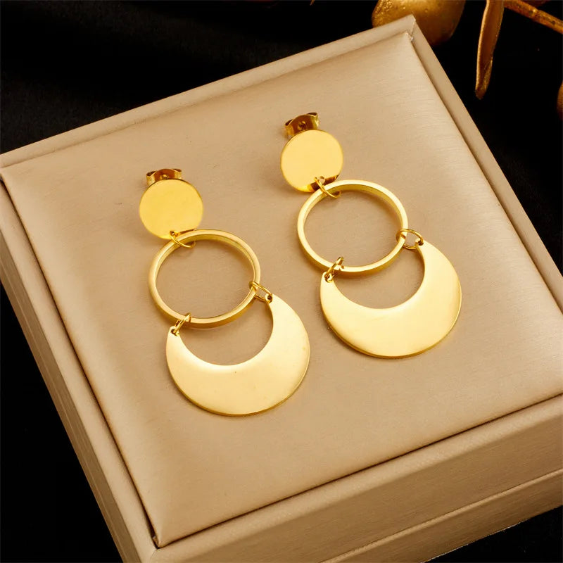 Simple New Tarnish Free 18k Gold Plated Stainless Steel Round Drop Earrings for Women Jewelry