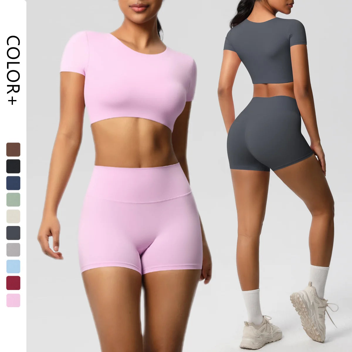 Custom Logo Label Tag Sport Set Crop Shirt Biker Short 2 Piece Set Athletic Wears Gym Fitness Outfits Jogger Training Yoga Sets