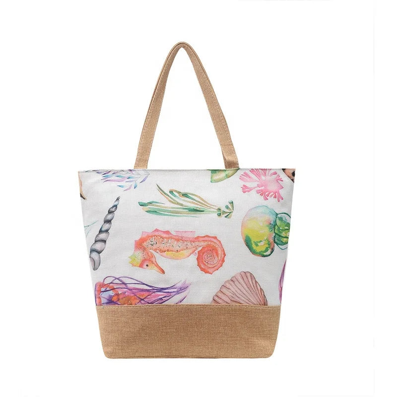 2022 New Simple Women's One-Shoulder Fashionable Canvas Jute Tote Handbag Portable Zipper Closure Beach Bag