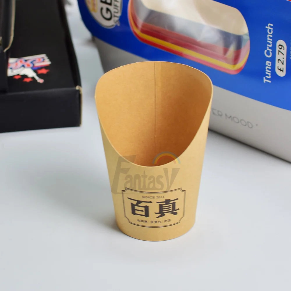 Customization Kraft Paper White Black Egg Puff French Fries Cone Fried Food Bevel Cup
