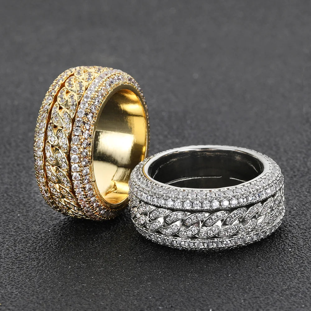 Gold Plated Brass Spin Ring Hip Hop Lab Created Zircon Micro Pave Wedding Party Anniversary Men's Ring