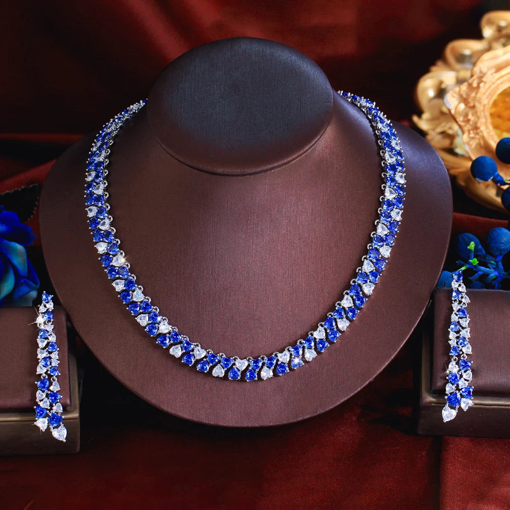 Super Luxury Necklace Earrings White Zirconia and Blue Synthetic Tanzanite Stone Jewelry Set for Women Wedding Party Jewelry