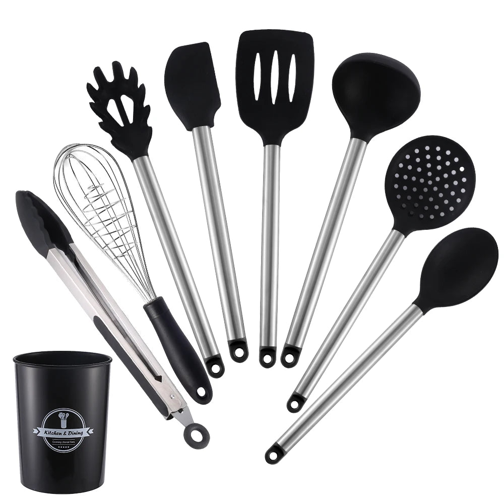 Manjia 100% Eco Friendly Stainless Steel Silicone Kitchen Cooking Utensils Set Tableware Cutlery Set