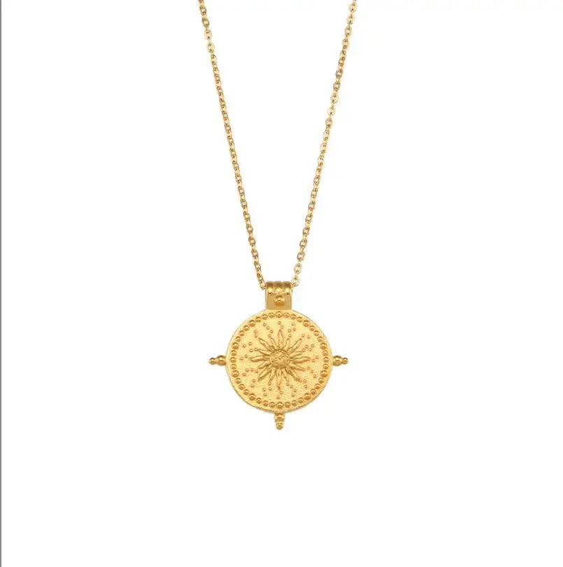 Tarnish Free Vintage Engraved Round Sun Pendant Necklace Stainless Steel 18K Gold Plated Jewelry 2023 Waterproof Jewelry