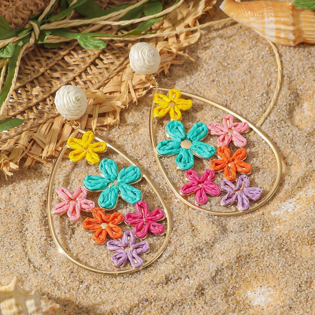 Wholesale Personality Metal Hollow Flower Earrings Hand-woven Water Drop Shape Raffia Earrings for Women