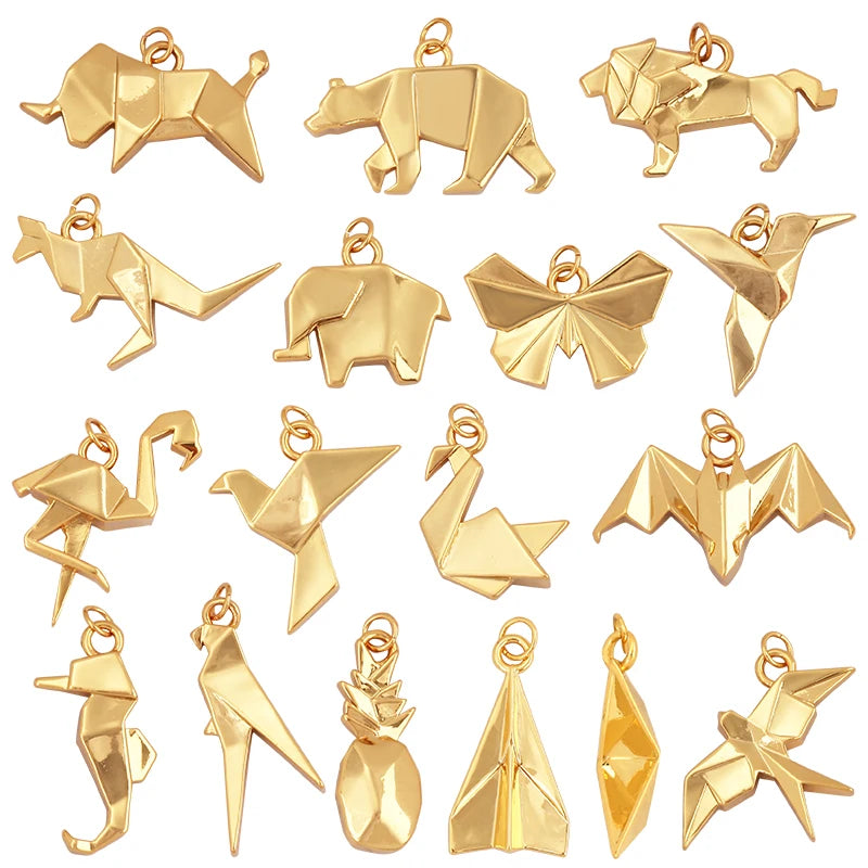 Simple Unique Paper Fold Flamingo Butterfly Lion Bear Elephant Animal Charm PendantGold Plated for Handmade Jewelry Supply L17