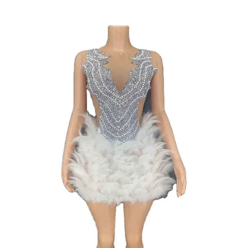 Luxury Sexy Birthday White Feather Vintage Dress V-ncek Sleeveless Vestido De Noiva for Dance Stage Show Club Music Festival