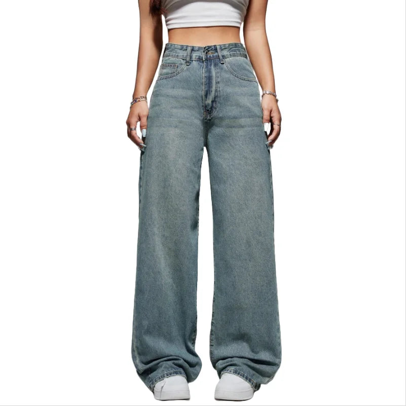 Vintage High Waist Straight Fit Light Blue Denim Jeans for Women Breathable Woven Casual Style Washable Simple Fashion