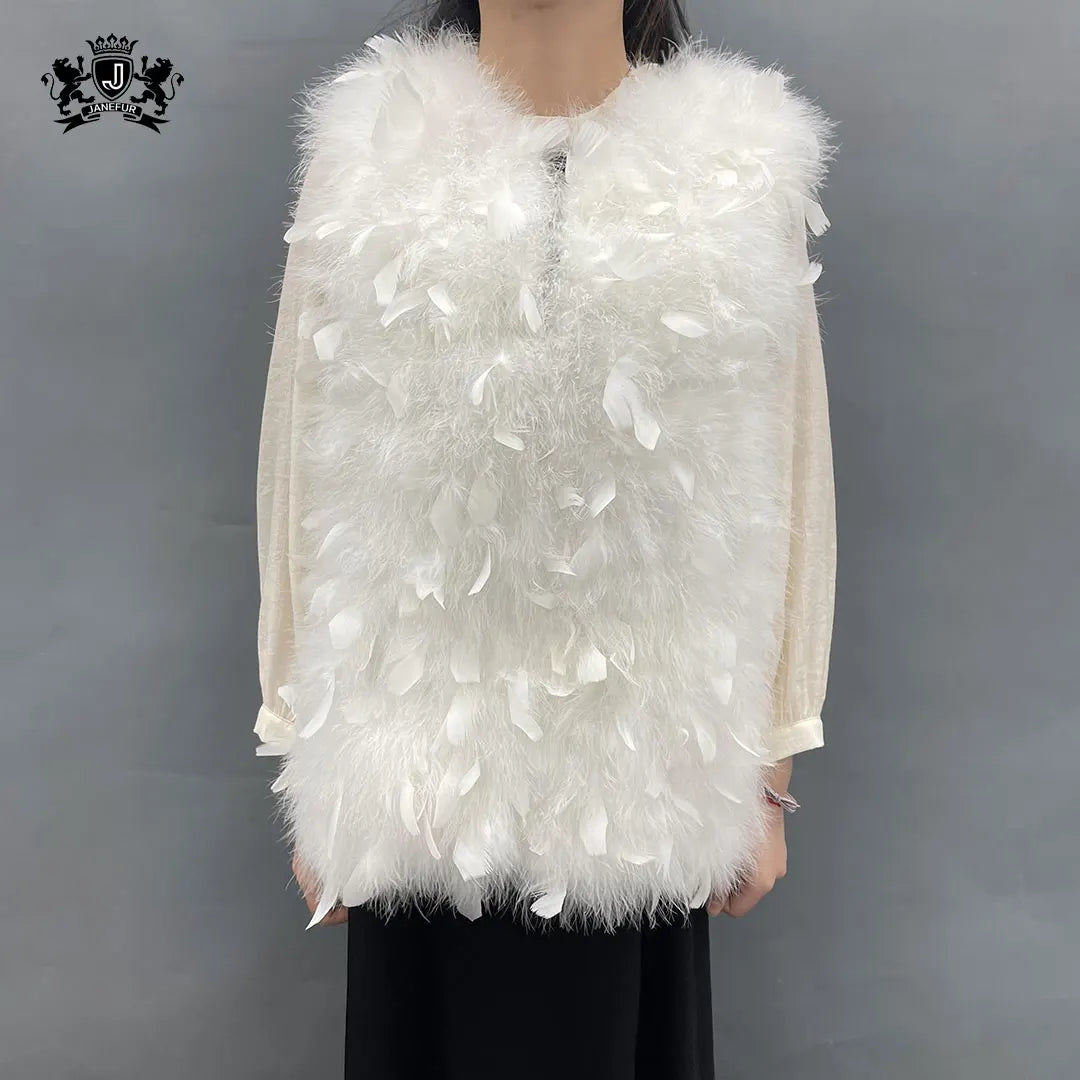 Janefur Women Fluffy Turkey Feather Vest Jacket Fairy Style Handmade Real Fur Ostrich Coat