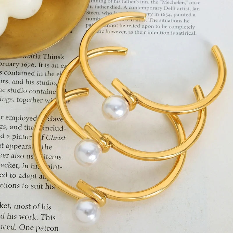 Wholesale Fashion Jewelry 18K Gold Stainless Steel Vintage Bracelet Knotted Pearl Charm Cuff Bracelet Bangles for Women