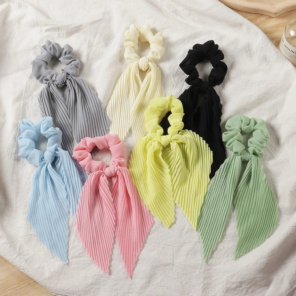 New Fashion Summer Girls Wrinkle Ribbon Hair Ties Bow Chiffon Ponytail Hair Scrunchies with Tails for Girls Women