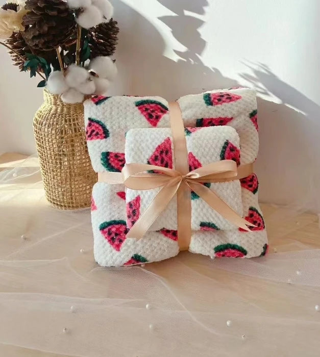 Two-piece Coral Velvet Bath Towel Set with Watermelon Pattern for Home Daily Use by Adults