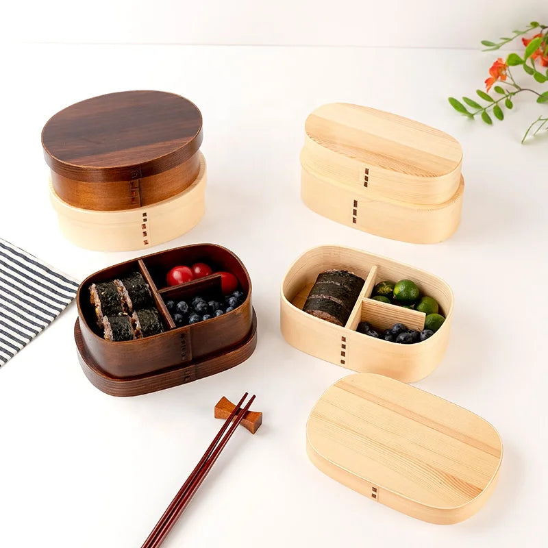 Custom Wholesale Two Card Buckles Bento Lunch Boxes Food Grade 304 Stainless Steel Lunch Box with Wood Bamboo Lid