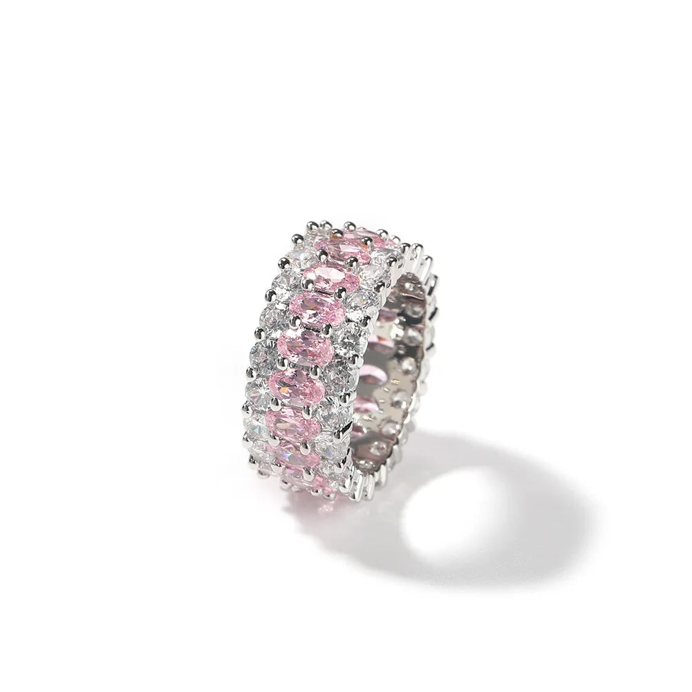 Hiphop Men Women Chunky pink Oval Cut Copper Inlaid Zircon Couple Crystal Diamond Eternity Wedding Band Ring