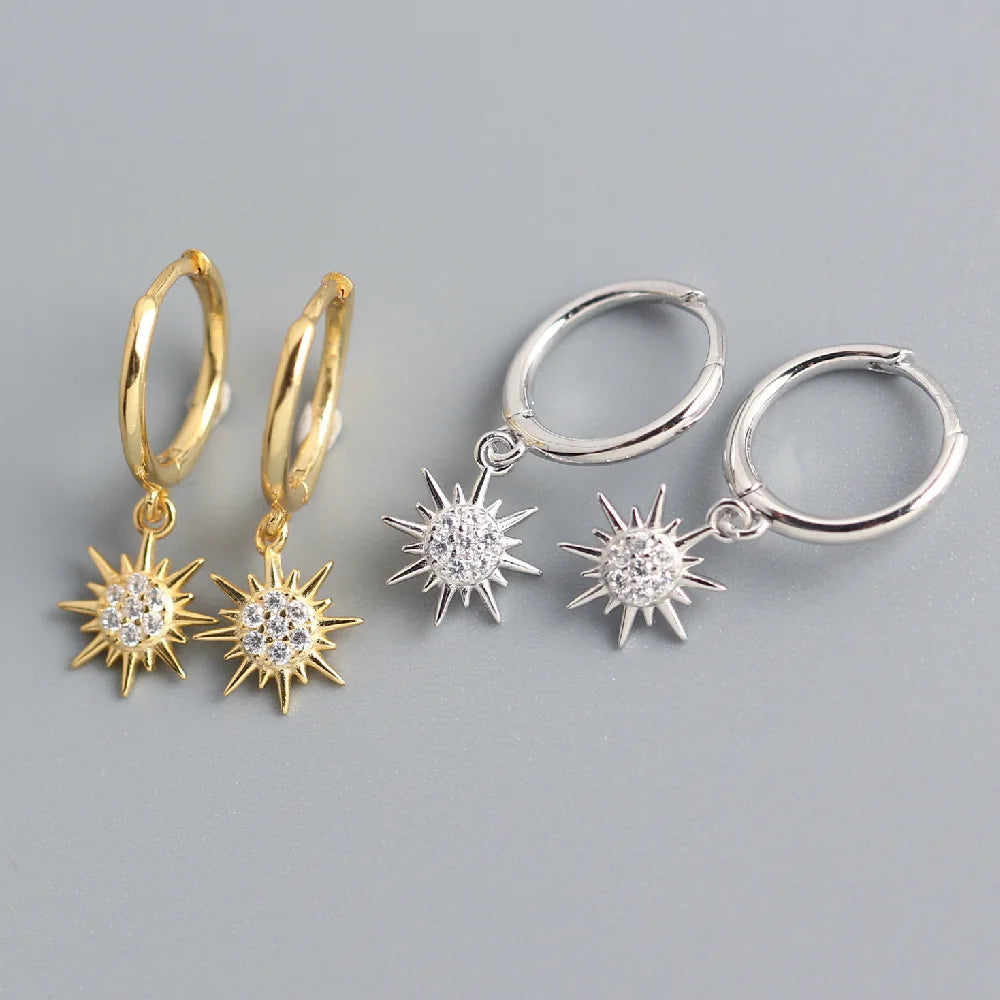 925 Sterling Silver Gold Sunburst Sun Dangle Hoop Earrings CZ Diamond Huggie Earring Celestial Jewelry