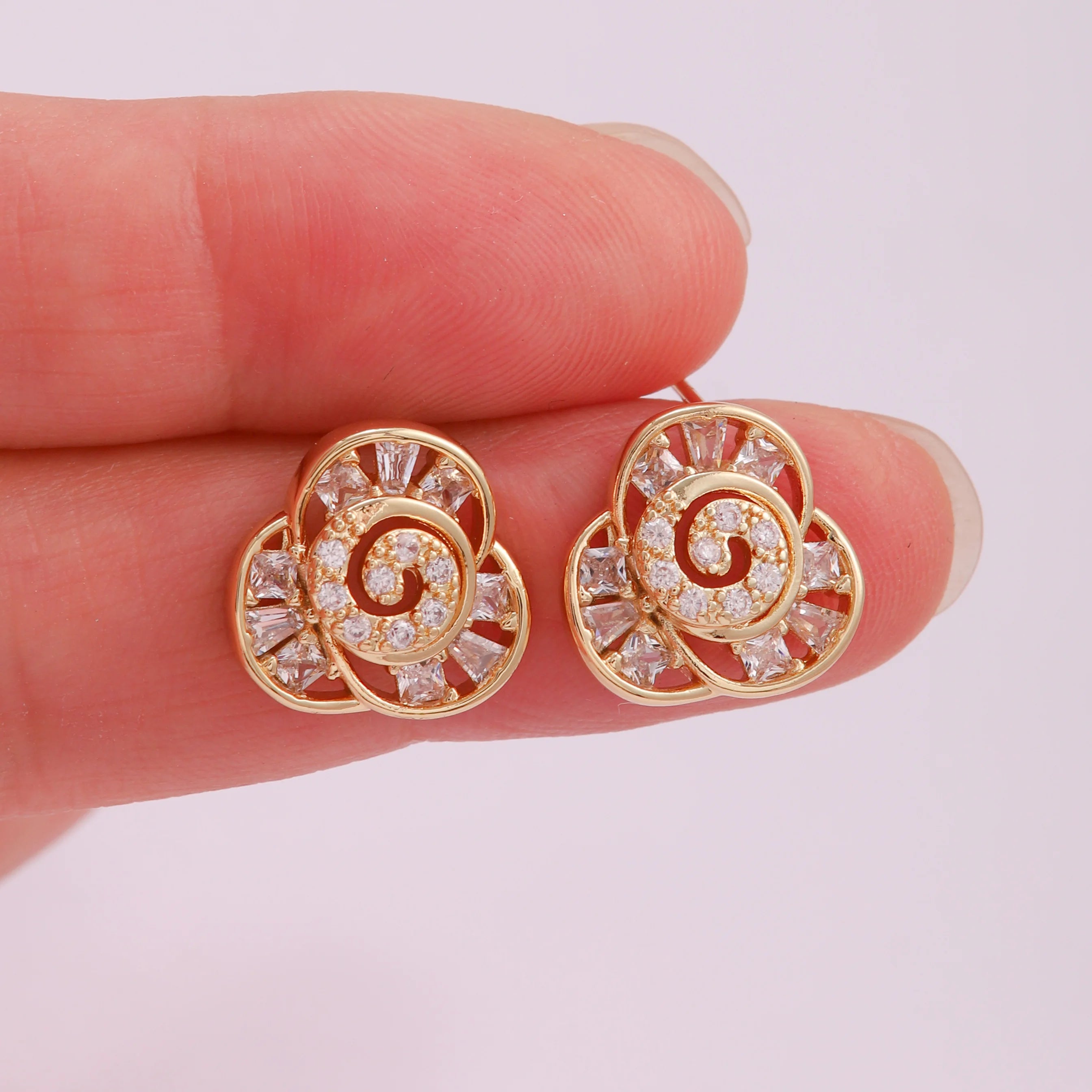 Trendy Brass Flower Stud Earrings Set with Cubic Zircon Rhodium Plated and Bezel Set for Women's Fashion & Gift