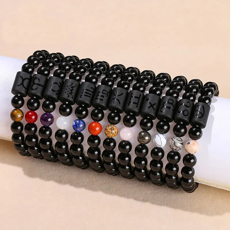 Wholesale High-End Handcrafted Natural Obsidian Twelve Constellations Men's Bracelet Trendy Cross-Border Fashion Beaded Bangles