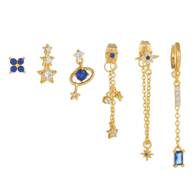 SP Women Elegant Fashion 18K Gold Plated Blue Zircon Stud Earring Set Jewelry 6PCS for Women