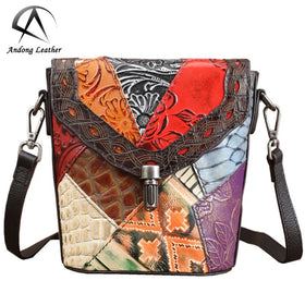 Andong Genuine Cow Leather Lady Messenger Bag Bohemian Ethnic Cowhide Shoulder Sling Bags Embossed