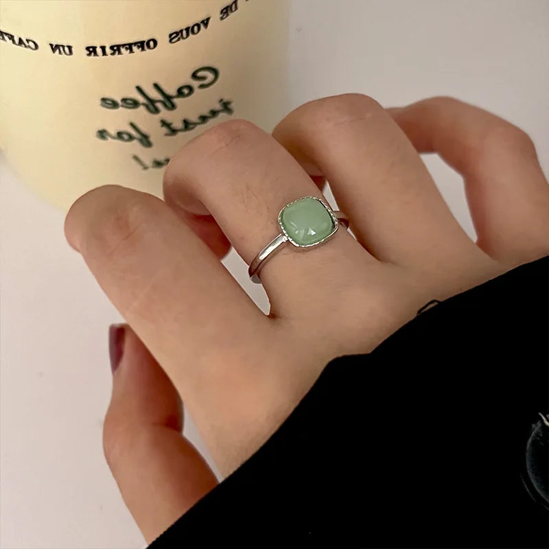 Luxury 18K Gold Plated Simple Crystal Ring Women Jewelry Opening Adjustable Geometric Green Square Ring