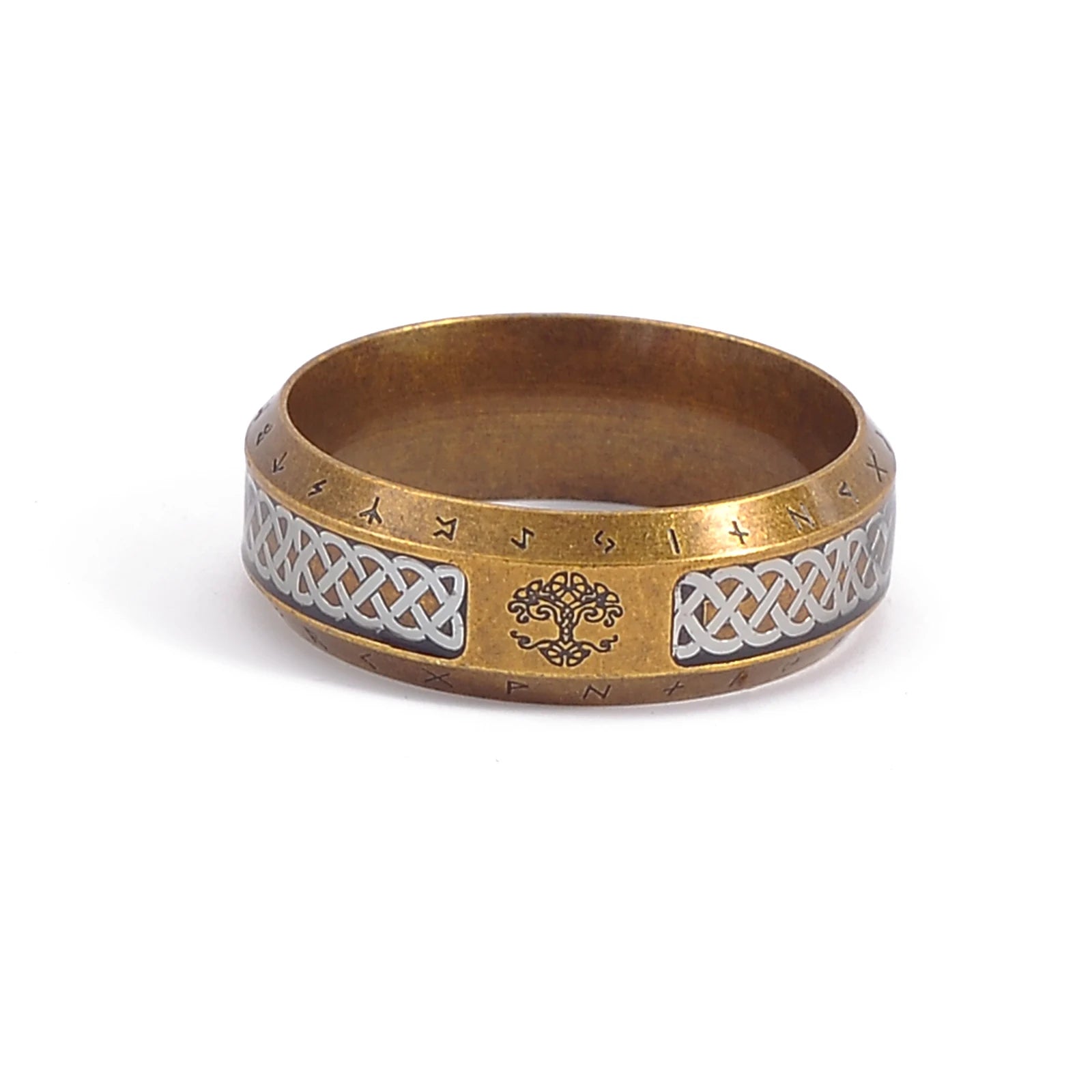 Nordic Design Souvenir Antique Gold Plating Yggdrasil Tree of Life Stainless Steel Norse Rune Ring Viking Jewelry