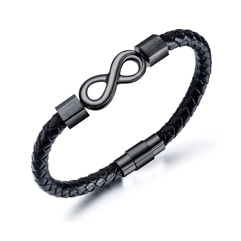 Fashion Simple 8 Shape Infinity Men  Black Silver Plated Stainless Steel Leather Bangle