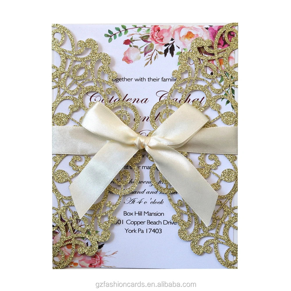 Laser Glitter Invitation Card Customized Glitter Birthday Invitations with Ribbon Bow
