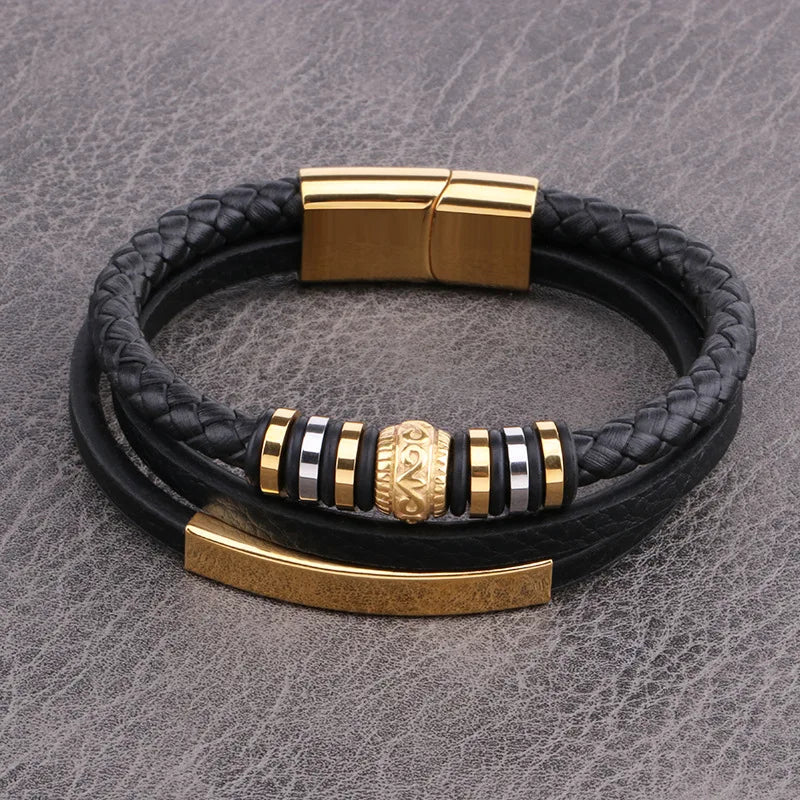 Punk Custom Engraved Bracelet Pattern Accessories Beads 316l Stainless Steel Bracelet Multi Layers Braided Leather Bracelet Men