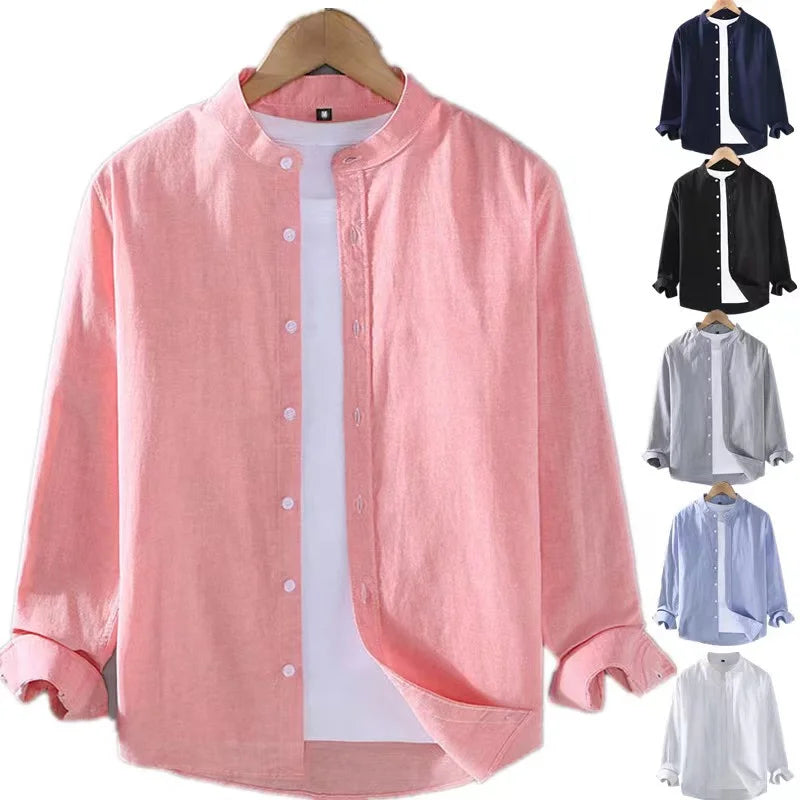 RNSHANGER Button Linen Shirt Stand Collar Long Sleeve Henley White Black Soft Comfortable Simple Autumn Solid Color Mens Shirt