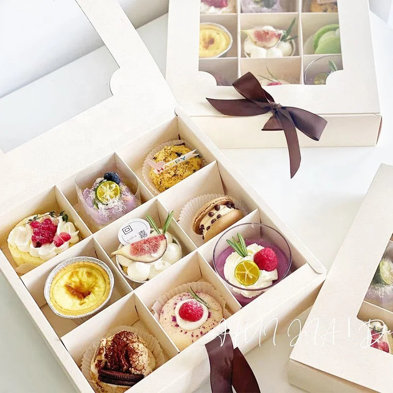 XJH Kraft Paper Moon Cake Packaging Gift Box Dessert Clear Cupcake Cake Boxes With Ribbon Small Box for Flowers and Cake
