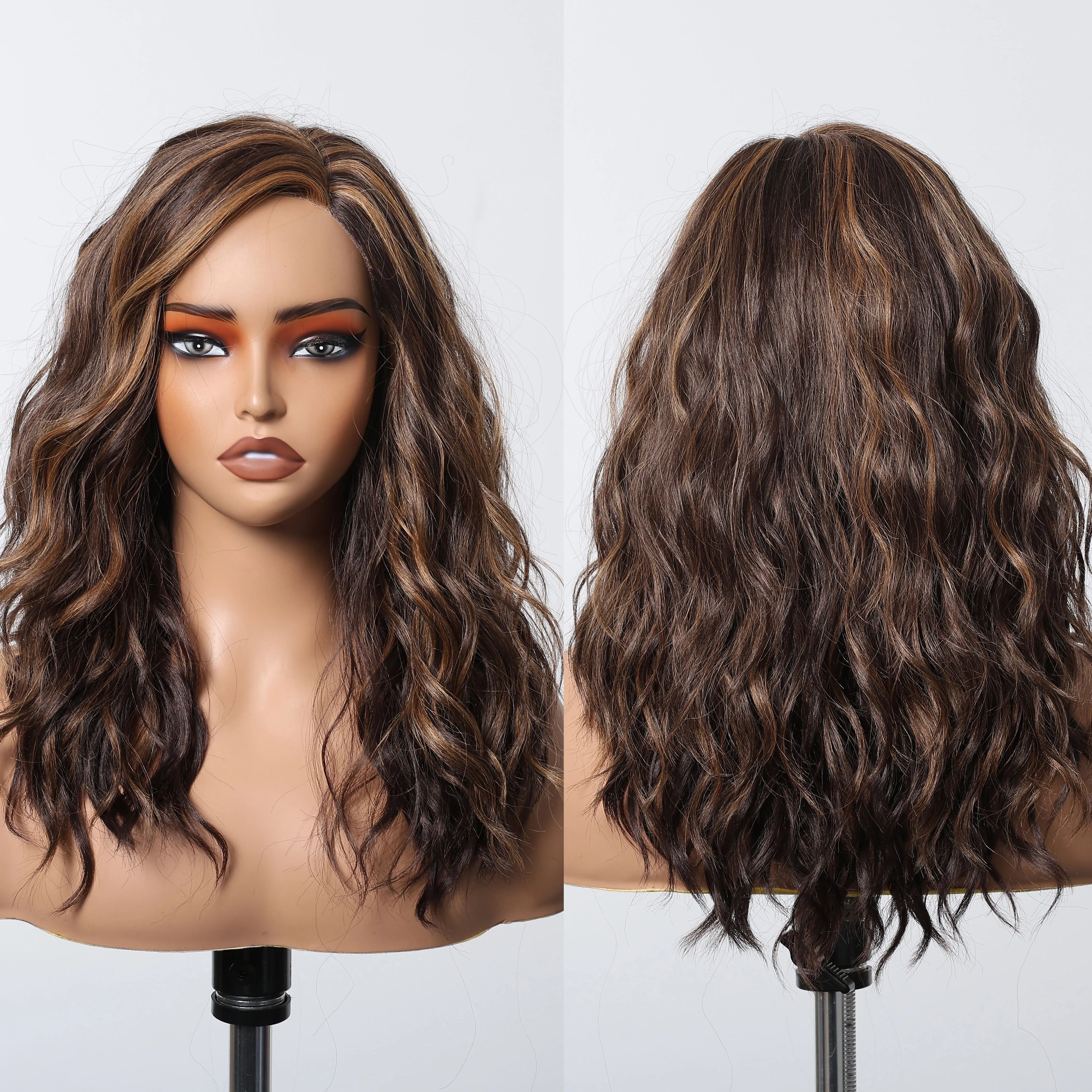 Heat Resistant Fiber Side Split Wig Brown Red Stripe Layered T-Shaped Front Lace Wig Long Super Curly Lace Synthetic Wig
