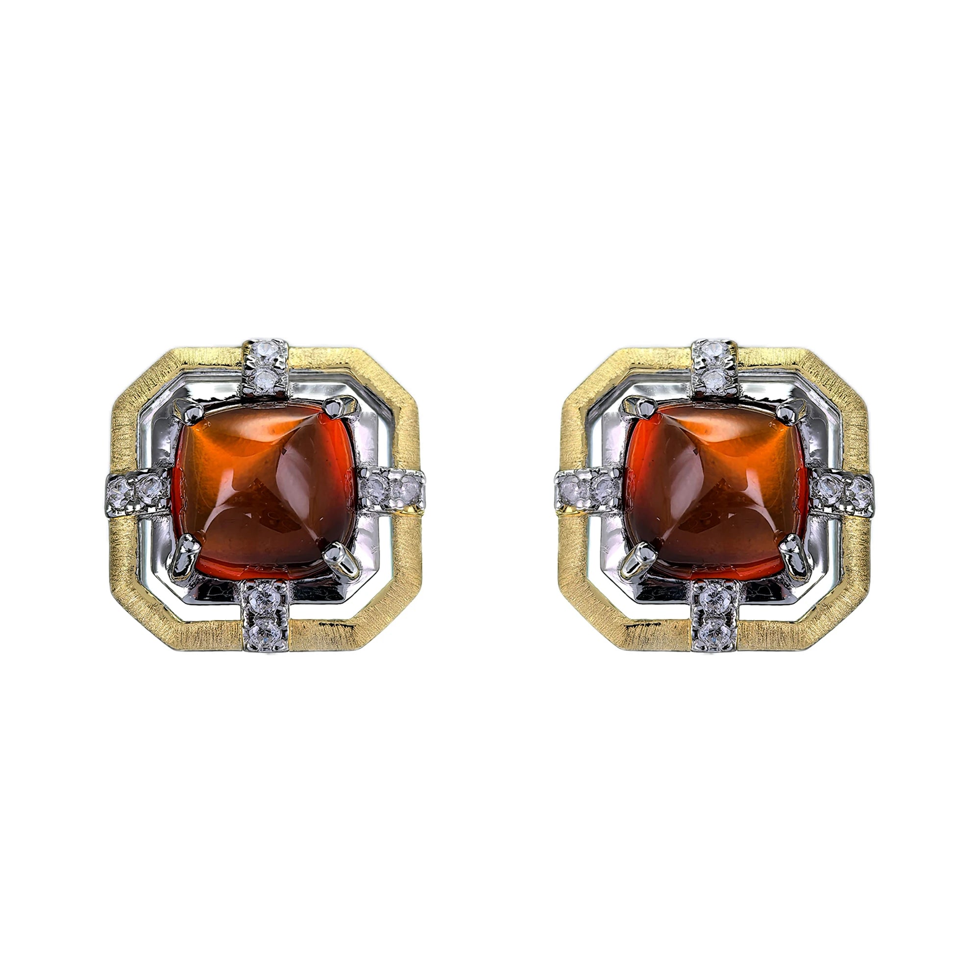 Vintage Rhodium and Gold Plated 925 Silver Jewelry Natural Mandarin Garnet Stud Earrings for Women Anniversary Gift
