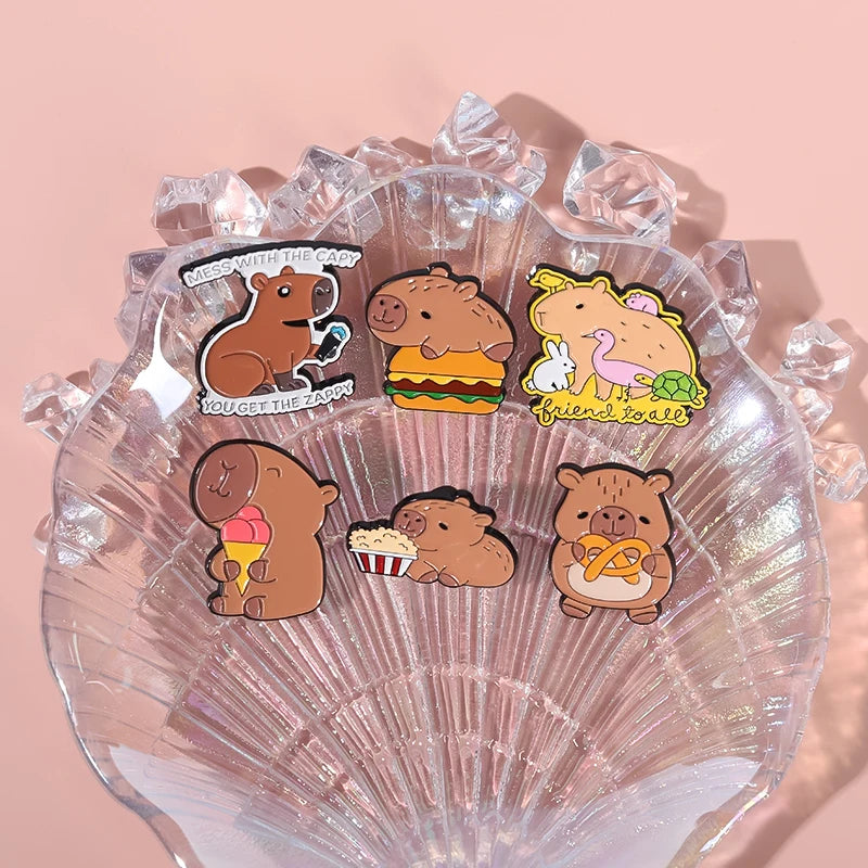 Chubby Hippo With Hamburger Enamel Pins Adorable Capybara Animal Brooch Backpack Lapel Badge Gift for Friend