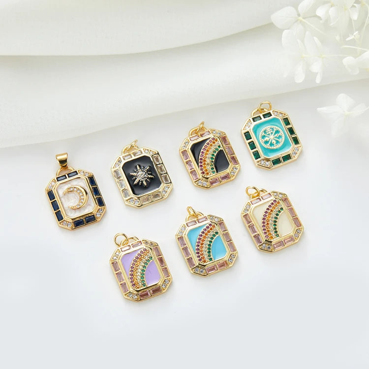 Fashion Square Tarot Card Pendant Zircon Enamel Rainbow Moon Star Shaped 14K Gold Plated Brass Necklace Charms DIY Jewelry