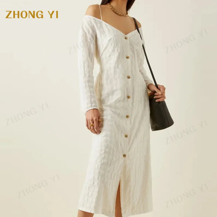 Cotton Women's Summer Shoulder Long Sleeve V-Neck Button Straight Ladies Midi Casual Dress Off Clothing Factory Wholesale