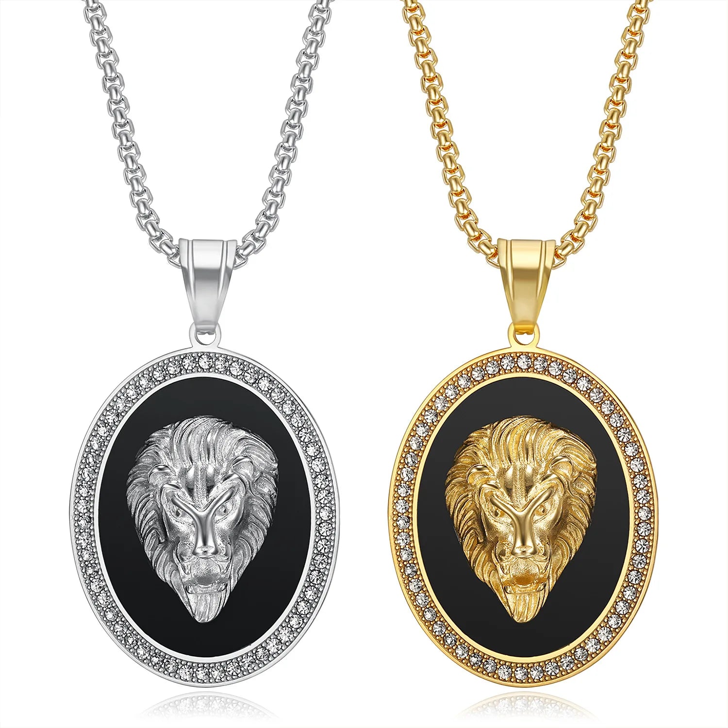Norse Viking 18K Gold Plated Stainless Steel Lion Pendant Necklace Custom Cubic Zirconia Link Chain Men's Gift Christian Symbol
