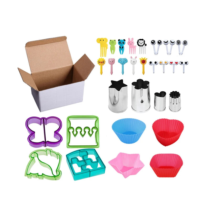 32 PCS Multi-Function Baking Tools Silicone Cupcake Food Pick Fruit Cutter Plastic Sandwich Cutter Set With Box