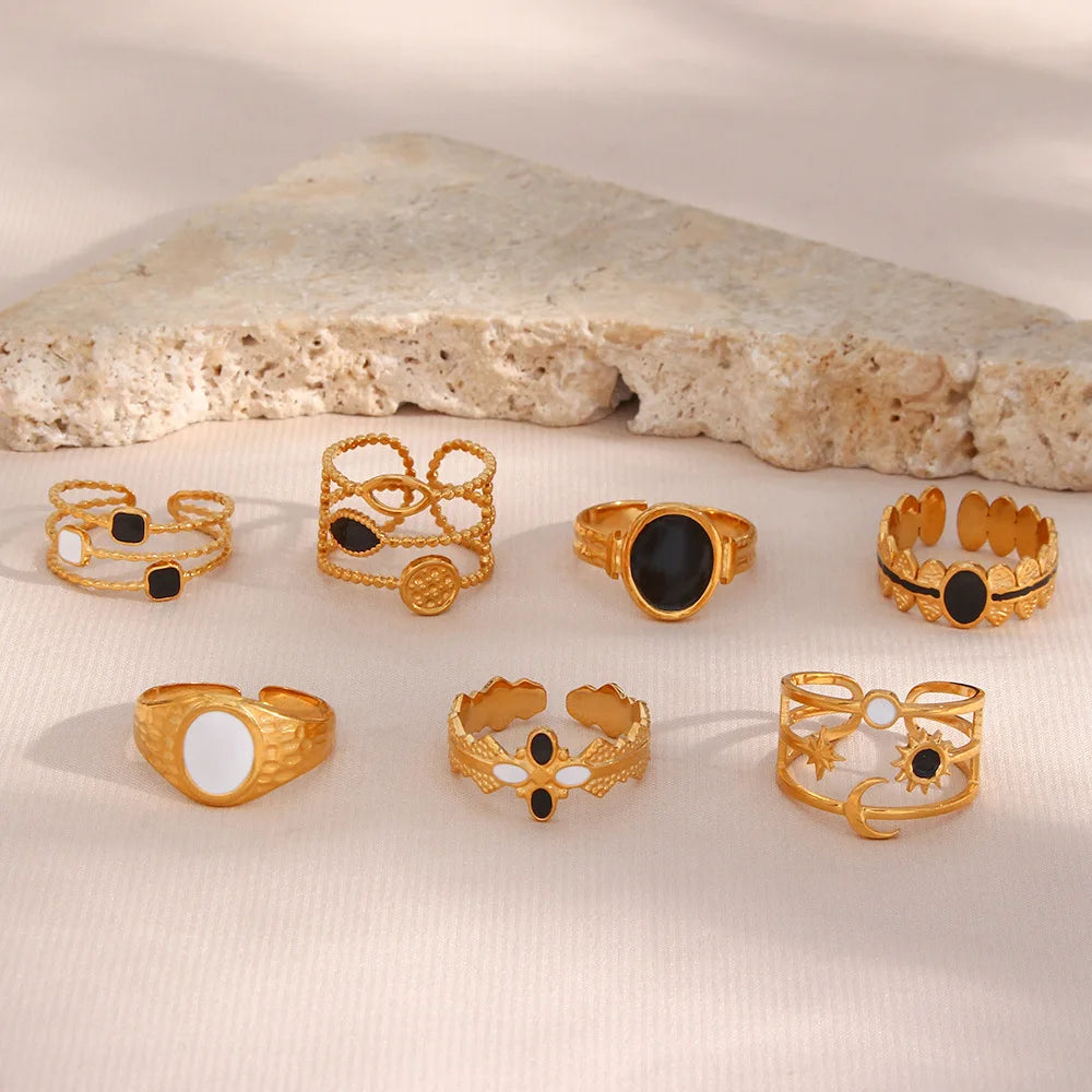 Women Jewelry Tarnish Free 18K Gold Plated Adjustable Stainless Steel Rings Set Enamel French Rings Hollow Out Enamel Ring