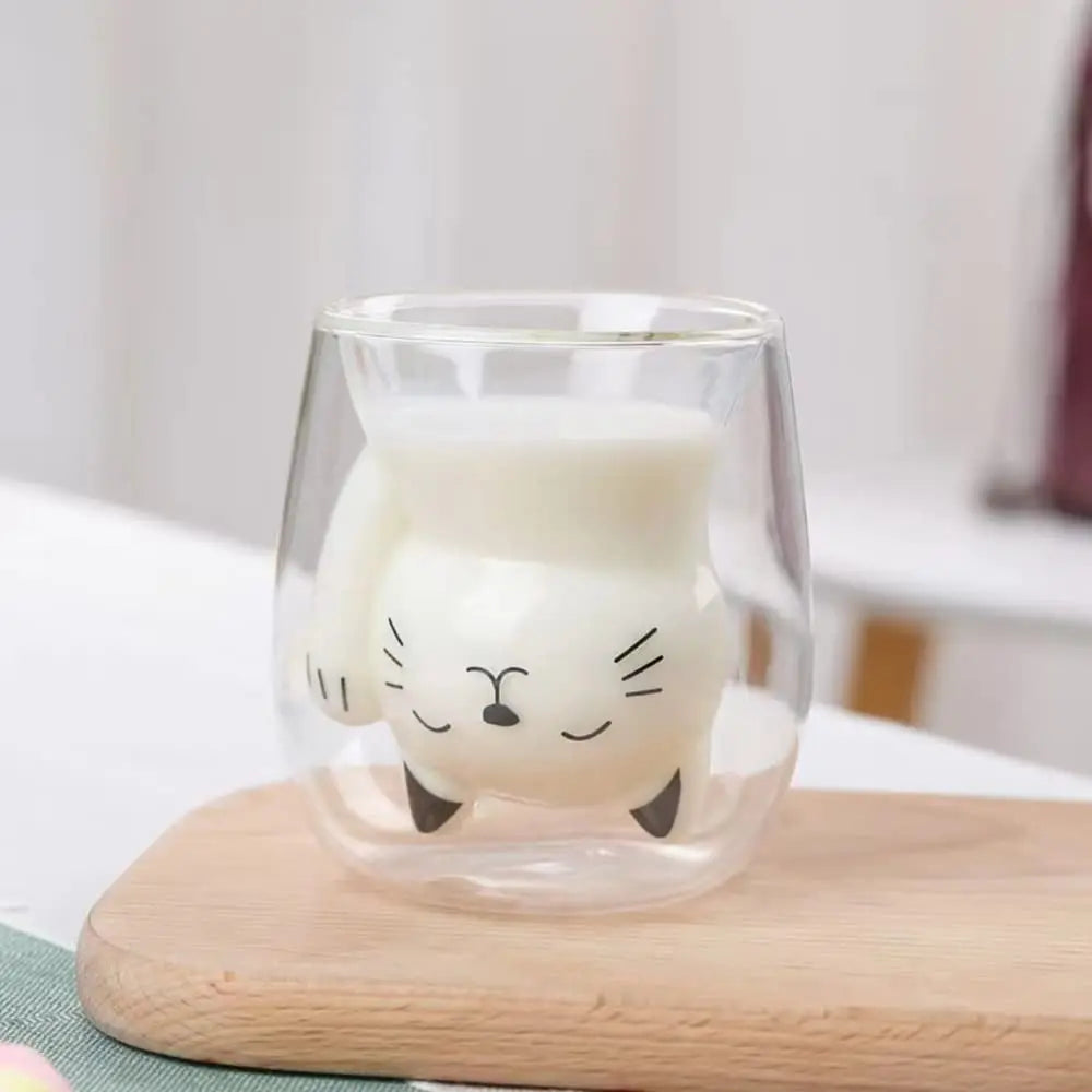Cute Cat Shape Double Wall Insulated Glass Espresso Cup for Coffee Tea and Milk