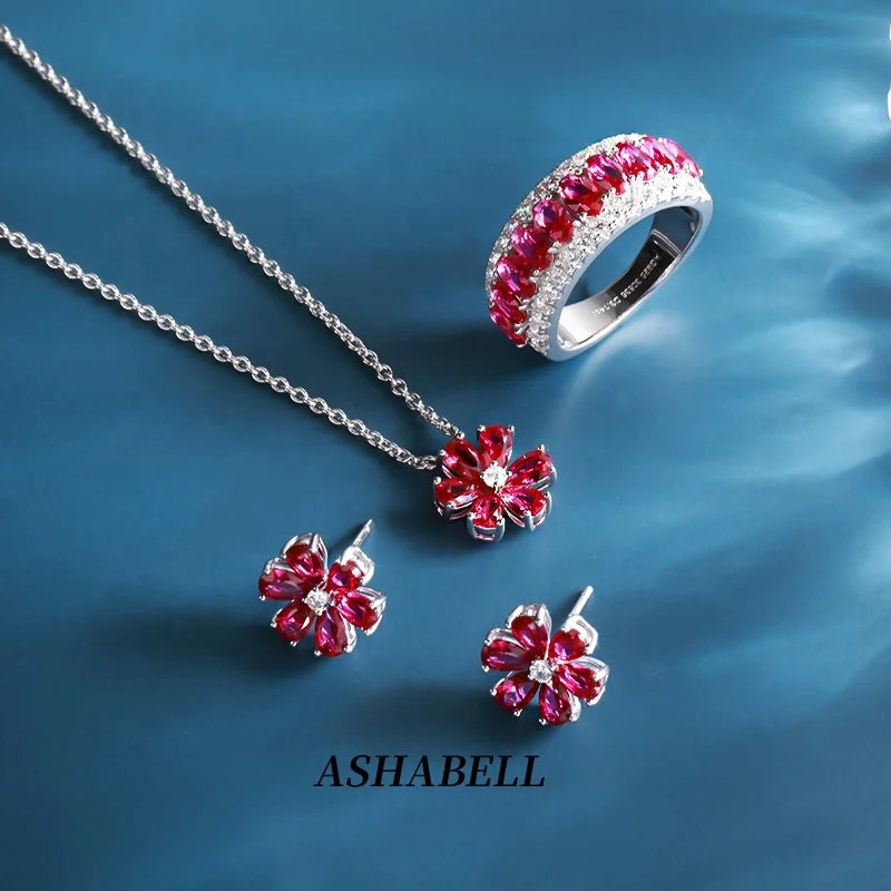 925 Sterling Silver Fine Jewelry Set pink Flowers Necklace Set Birthday Engagement Anniversary Gift Jewelry