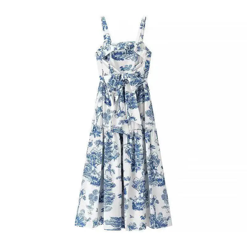 China Factory Womens Knee-length Floral Dress Square Collar Contrast Color Sleeveless A-line High Waist Summer Plain Dyed Woven