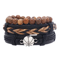 2023 New Arrival Handmade Leather Basketball Bracelets Wood Beaded Jewelry Sets for Men Fashion Charm Bracelets