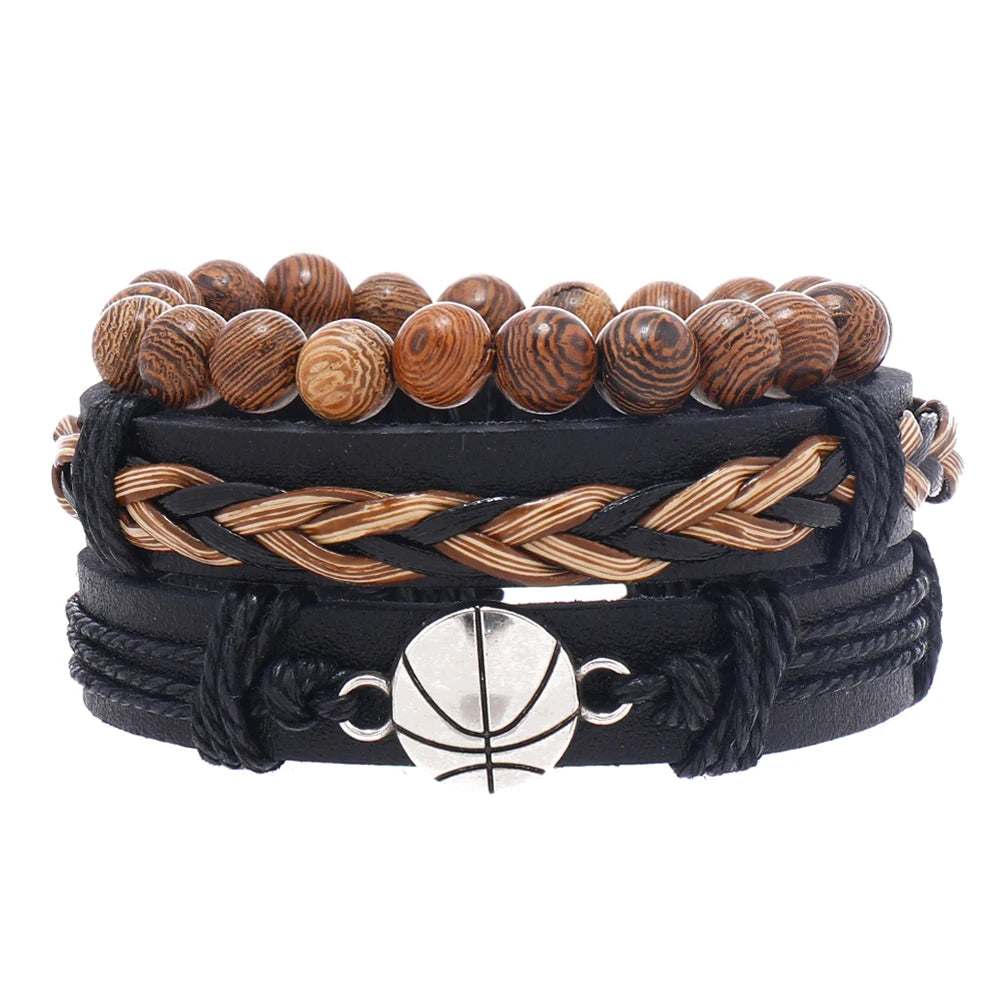 2023 New Arrival Handmade Leather Basketball Bracelets Wood Beaded Jewelry Sets for Men Fashion Charm Bracelets